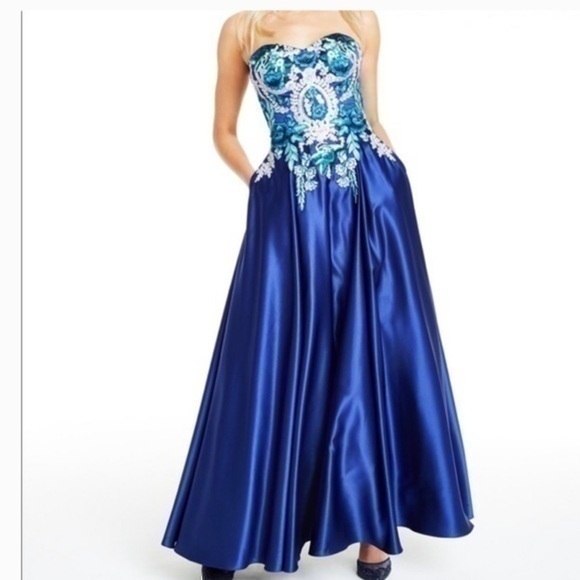 Blondie Blue Embroidered Strapless Ballgown Prom Dress - Picture 2 of 15